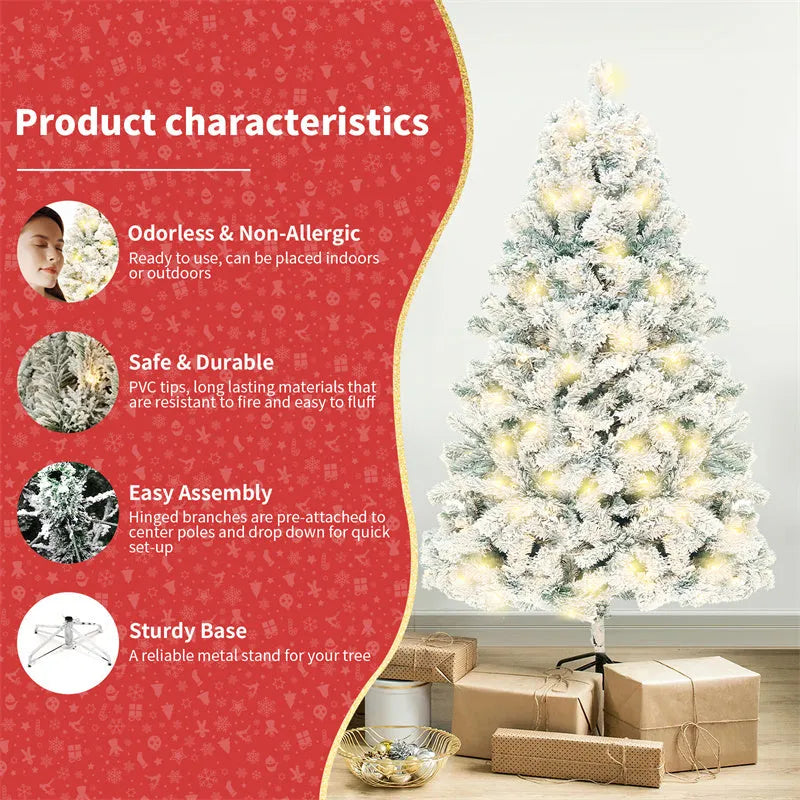 Green and white snow-dusted artificial PVC Christmas tree with metal stand, 180cm and 230cm size options.