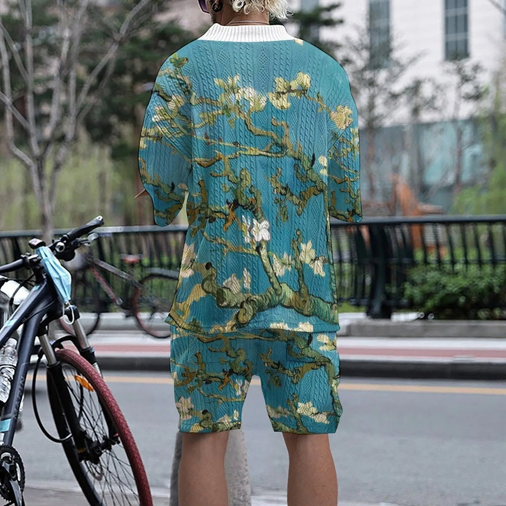 Men's peacock blue 3D printed casual suit with T-shirt and knitted shorts on a hanger