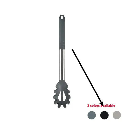 Black silicone kitchen utensil set with 12 tools in a rotating storage bucket on a kitchen countertop