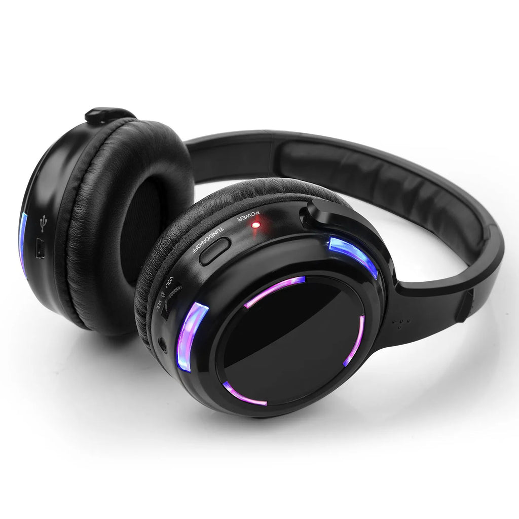 Black silent disco wireless headphones with a 3.5mm plug and long cable.