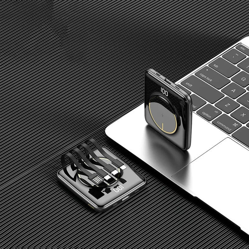 Compact square 20000mAh power bank with LCD screen in black, green, or red colour.