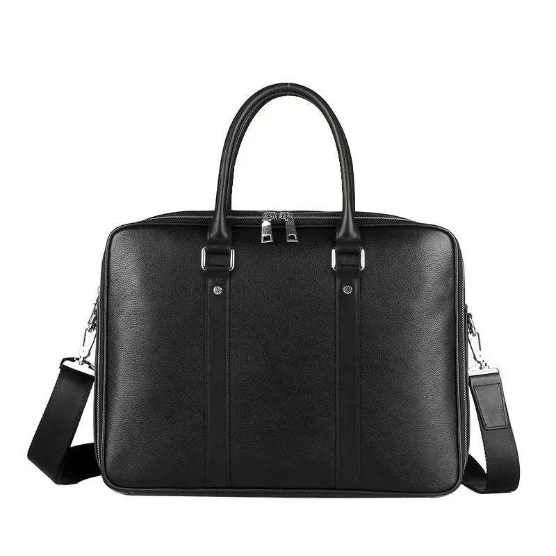 Men's black real-leather handbag with double zipper, 14 inch, first layer cowhide, nylon lining, for business travel