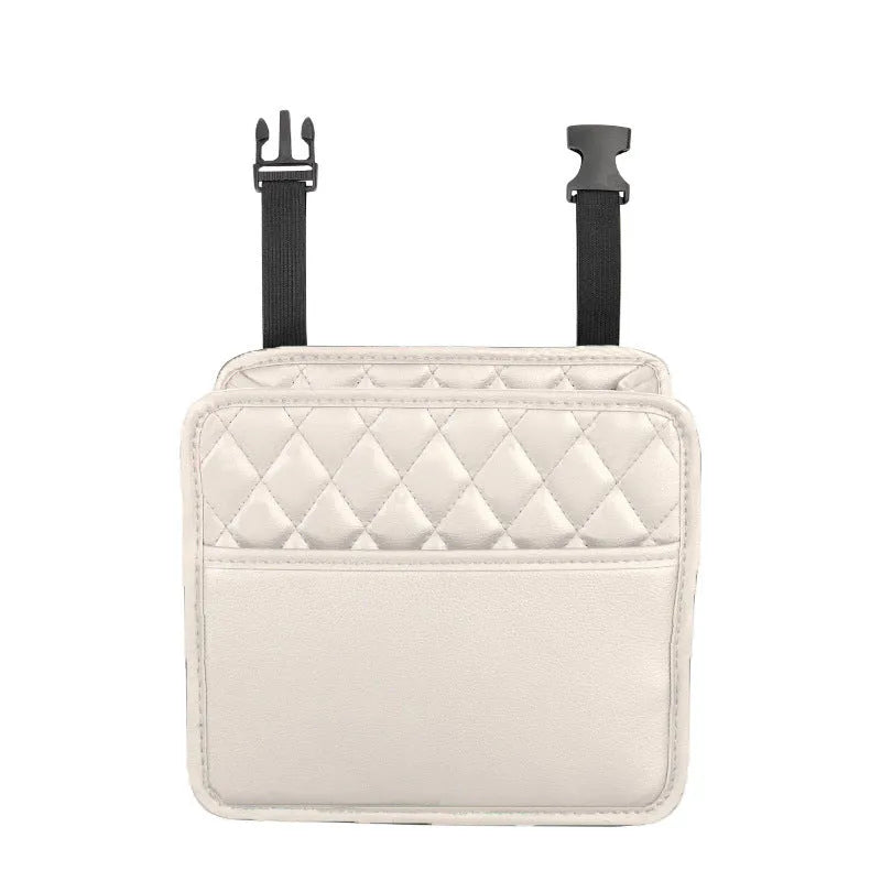Leather car hanging storage bag in black, pink, green, or white, shown attached to a car seat.