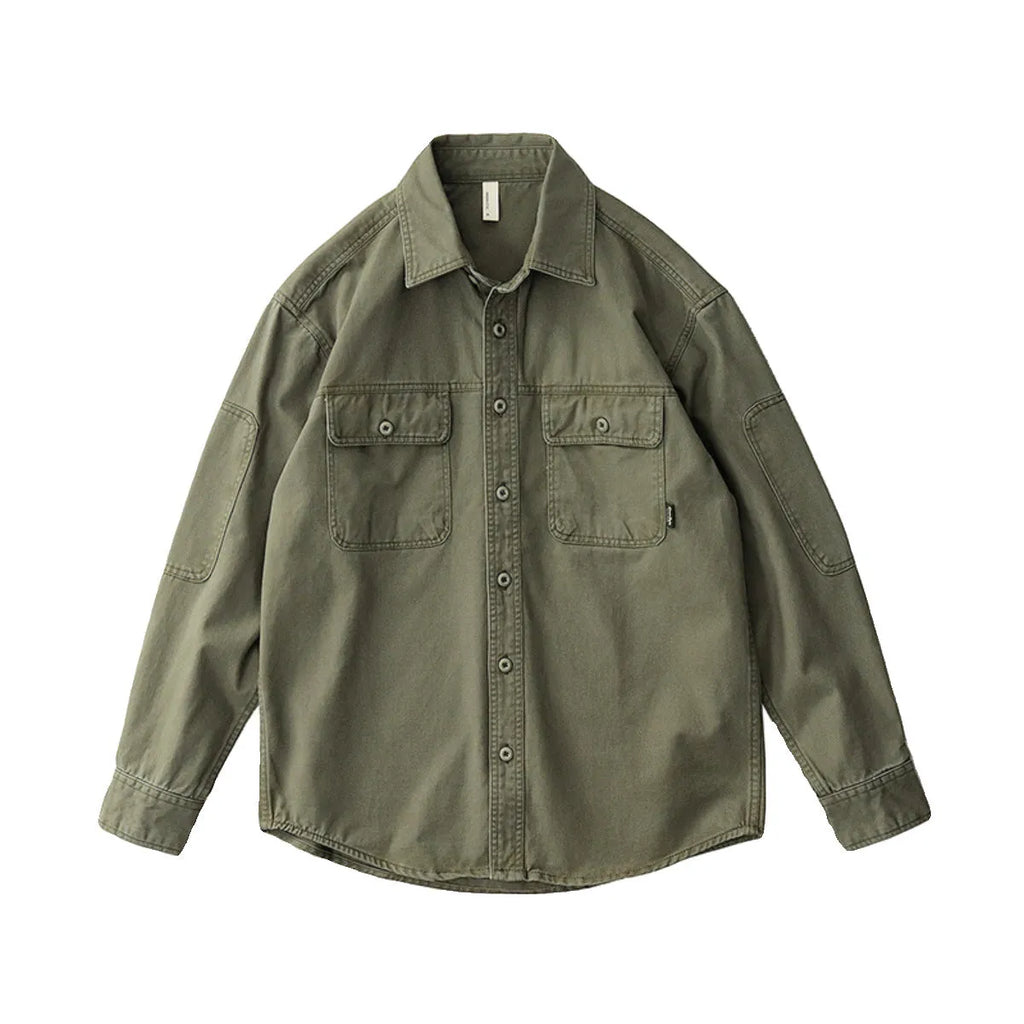 American retro workwear men's long sleeve striped cardigan shirt in Army Green, loose fit cotton blend fabric