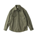 American retro workwear men's long sleeve striped cardigan shirt in Army Green, loose fit cotton blend fabric
