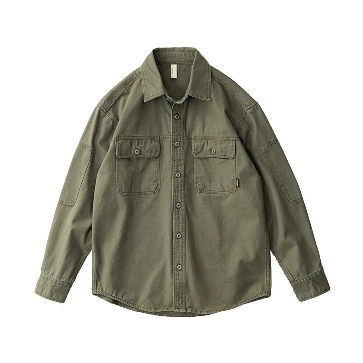 American retro workwear men's long sleeve striped cardigan shirt in Army Green, loose fit cotton blend fabric