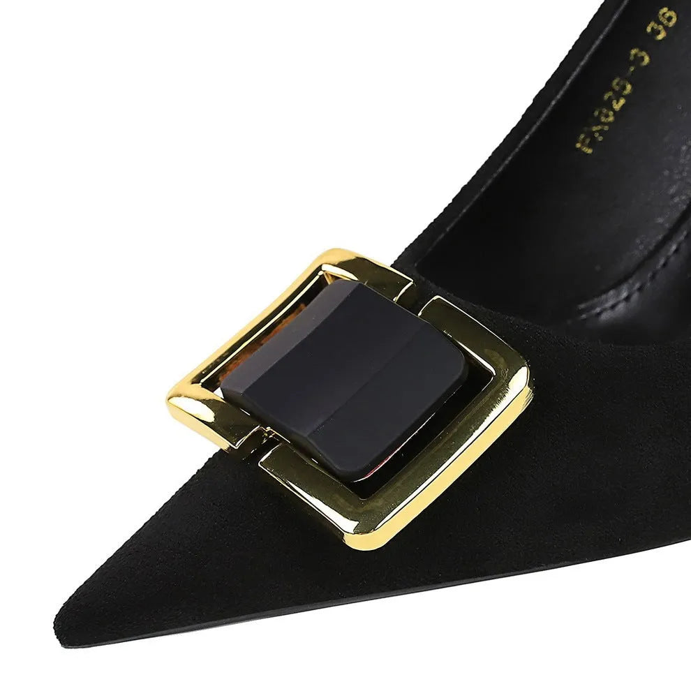 Black suede women's stiletto court shoes with a 9cm high heel and pointed toe.