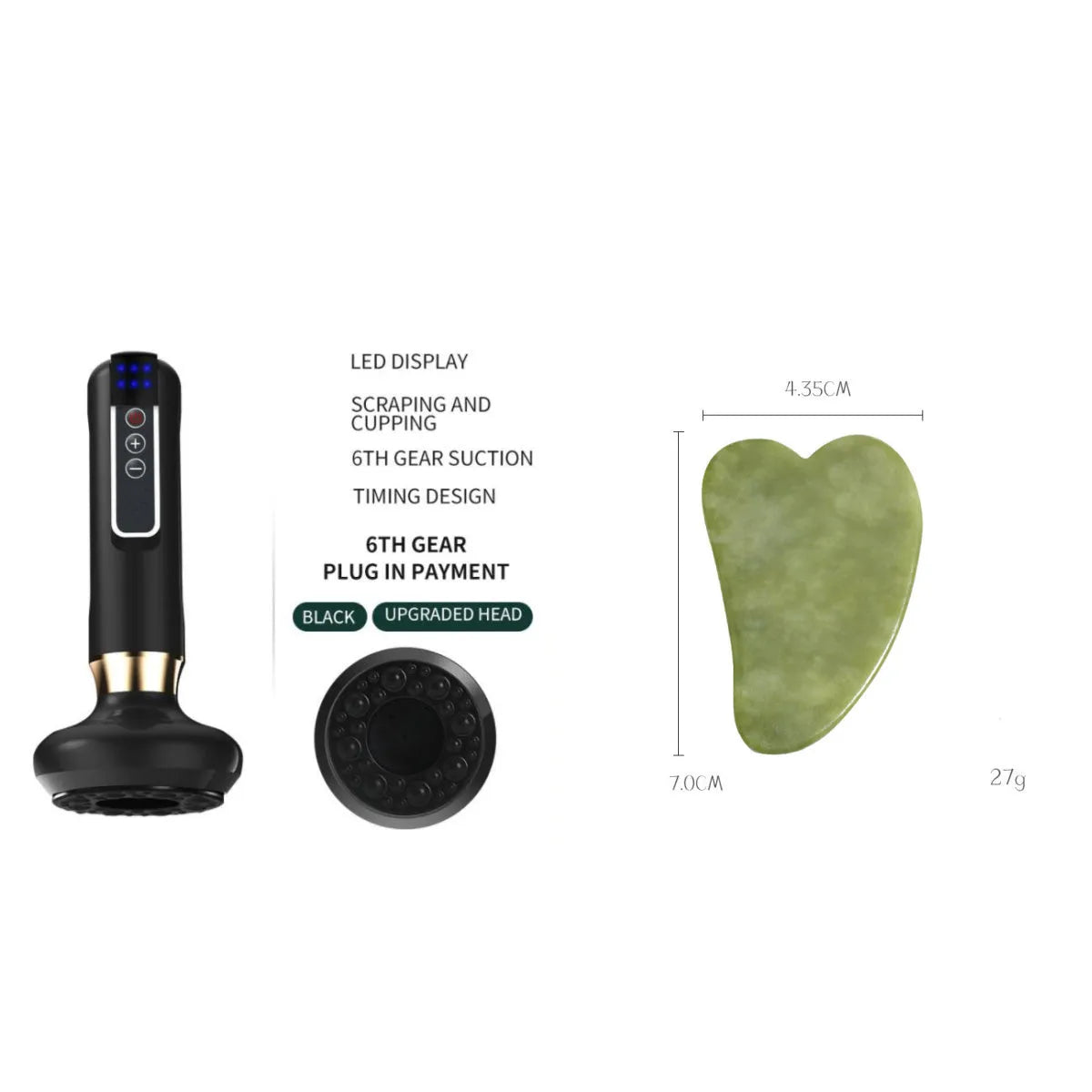 Green electric vacuum cupping massager with USB charger on a white background.