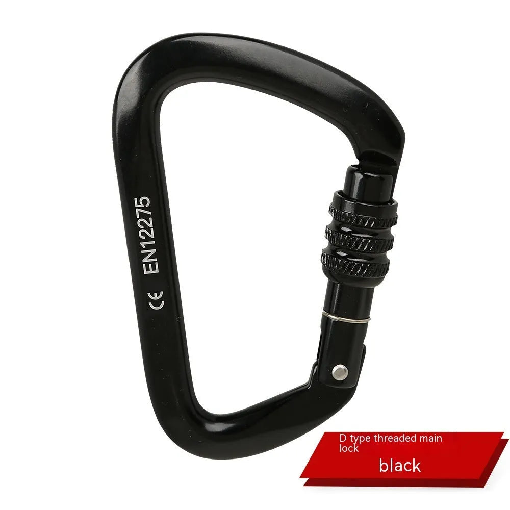 D-shaped rock climbing carabiner with automatic gate shown in orange, alongside a threaded gate version in black.
