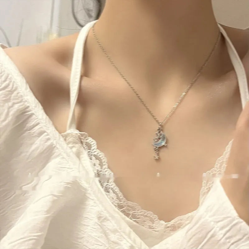 Copper star and crescent moon pendant necklace with diamond treatment on adjustable chain