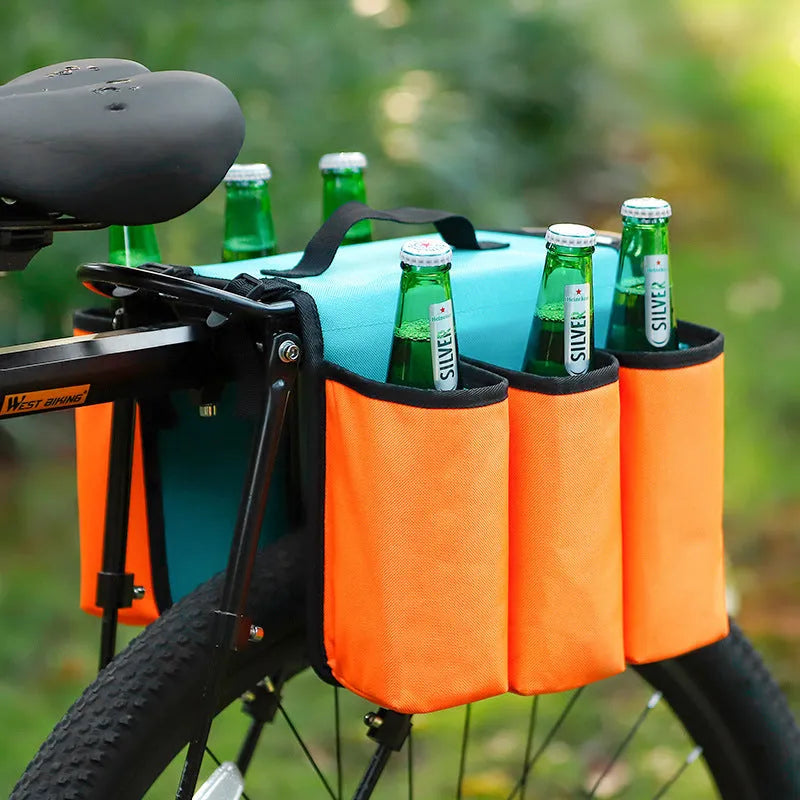 Black bicycle drink cage storage bag mounted on a bottle cage, showing its 2-litre capacity and scratch-resistant side panels.
