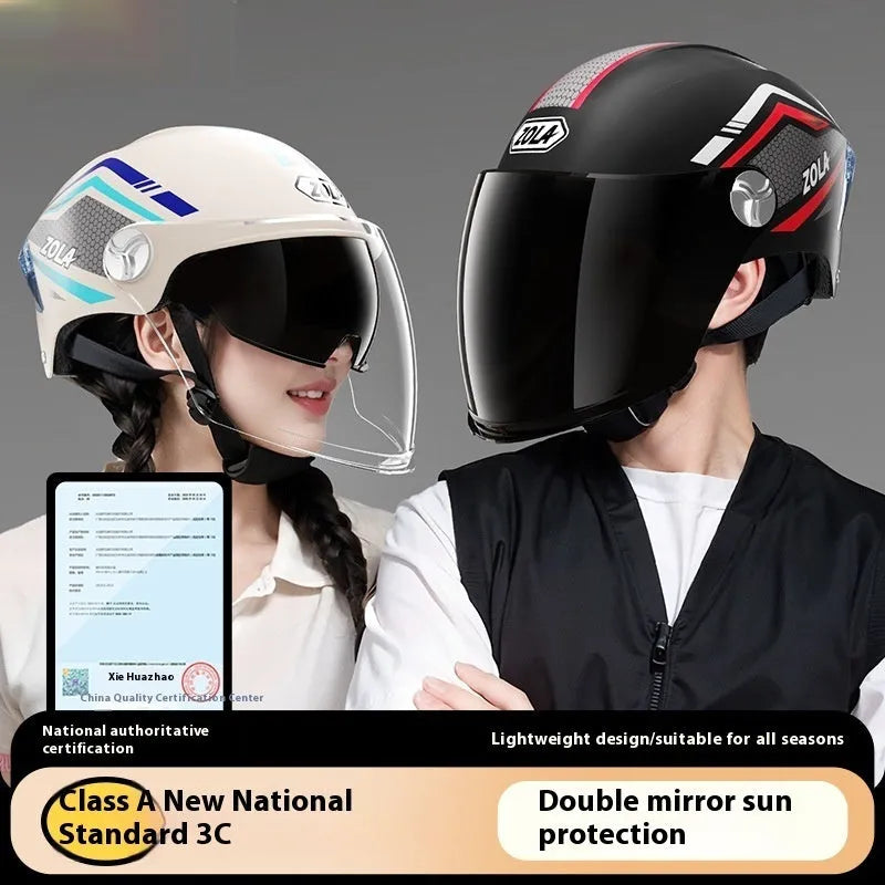 3C-certified motorcycle half helmet with clear and tinted dual visors on an ABS shell in khaki brown colour.