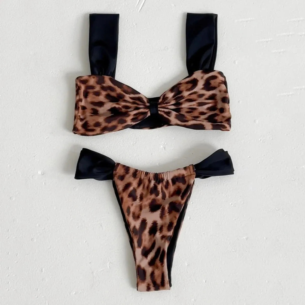 Women's leopard print bikini with tube top and split bottoms in black or leopard pattern