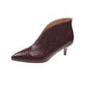 Women's black V cut pointed toe ankle boots with embossed detailing and chunky heel