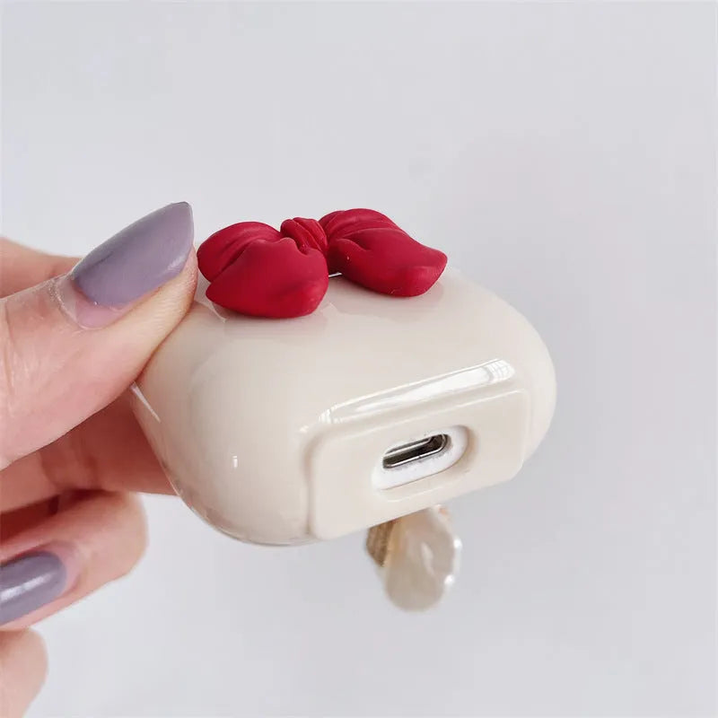 Beige red bow shell TPU protective case for AirPods Pro and AirPods 3 wireless earphones