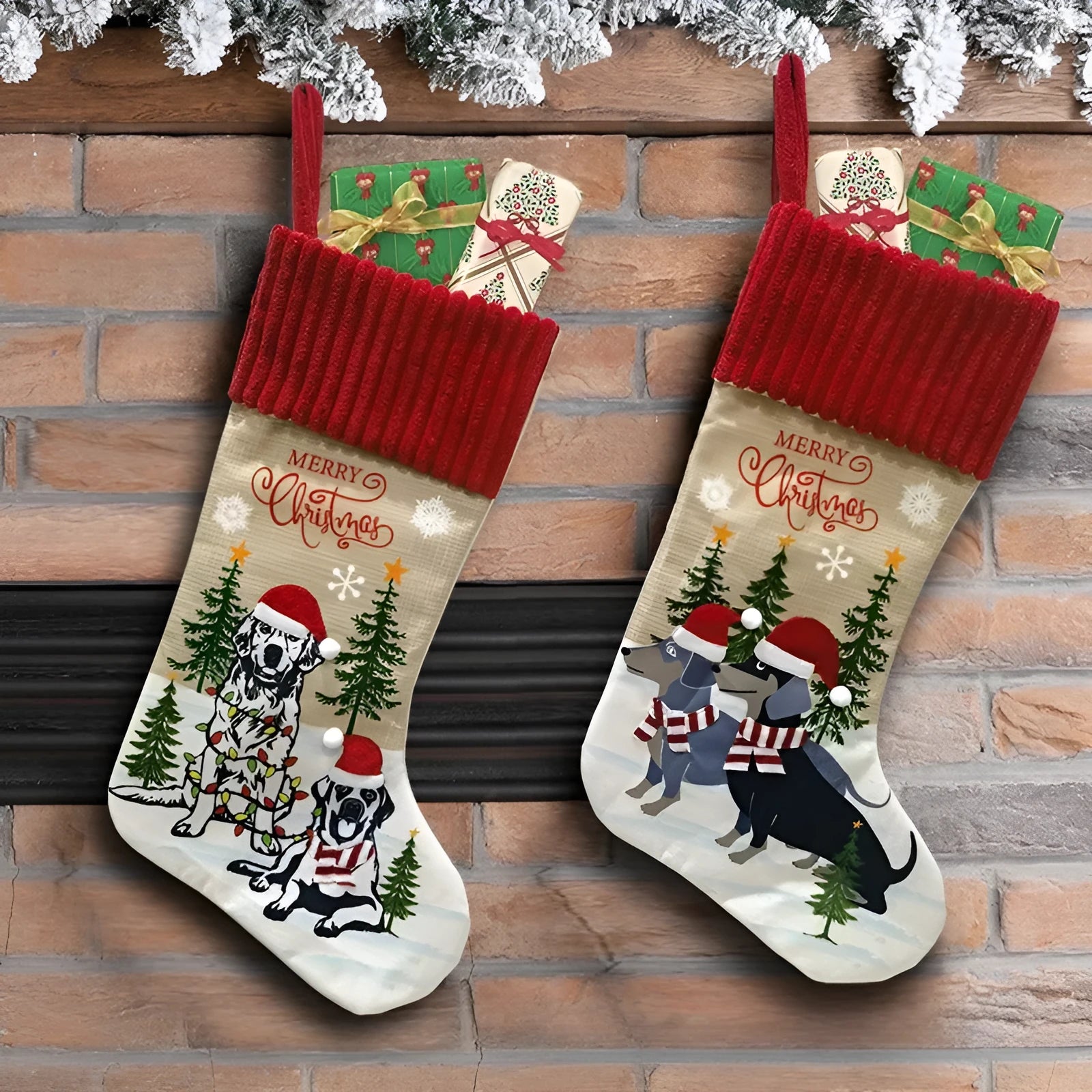 Christmas tree pendant with cats and dogs by fireplace, cloth ornament 46x28cm