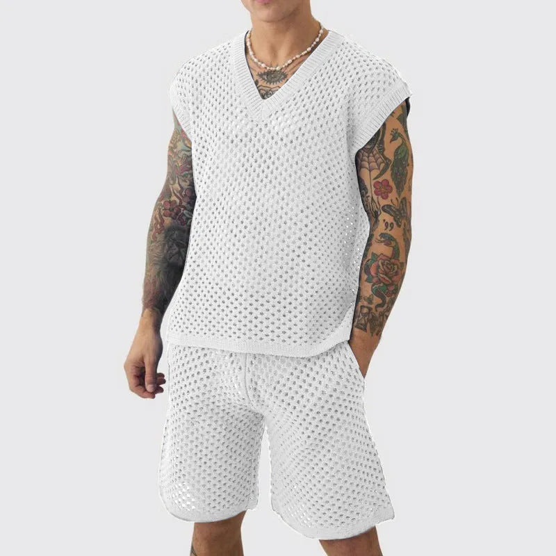 Men's blue V-neck vest and shorts suit for summer sports activities