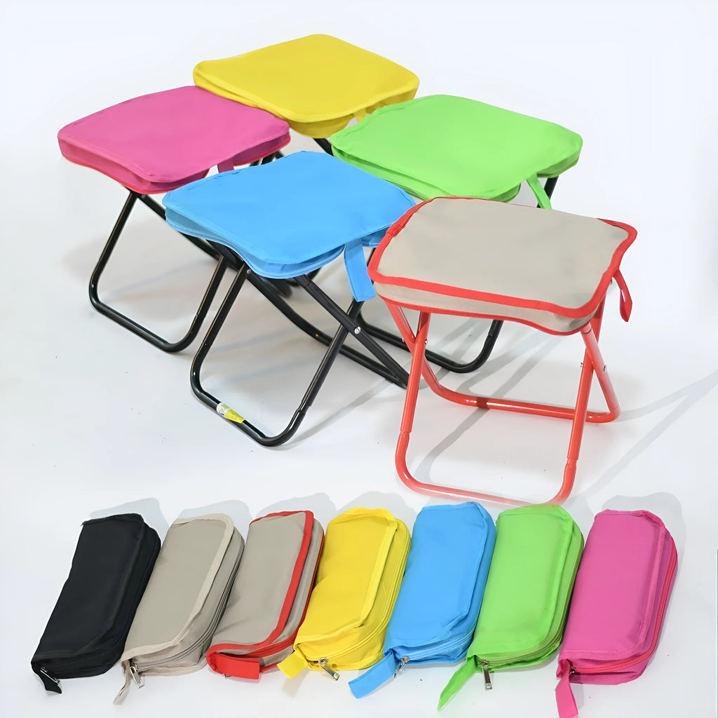 A lightweight foldable camp chair stool in oxford cloth, shown in a khaki colour, folded compactly.