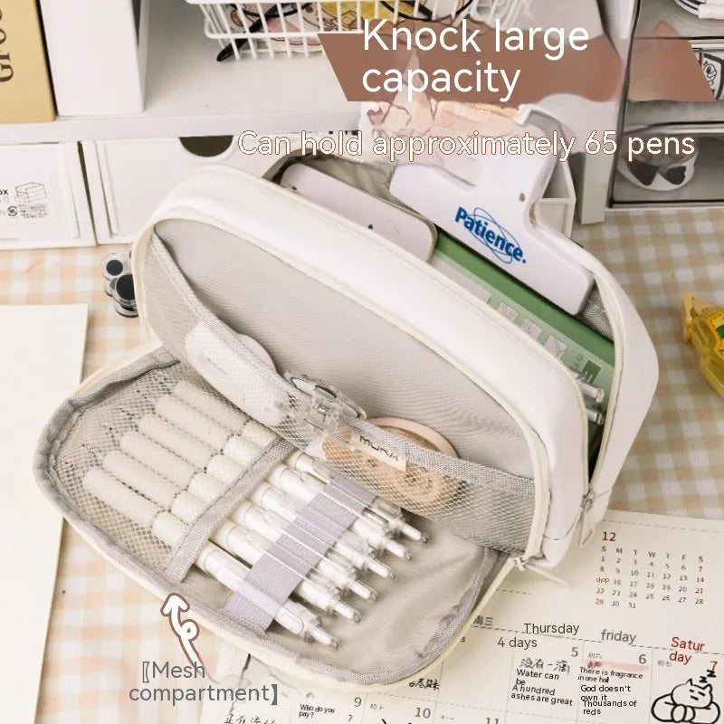 Canvas button pencil case in green, beige, blue or grey with capacity for 80 pens