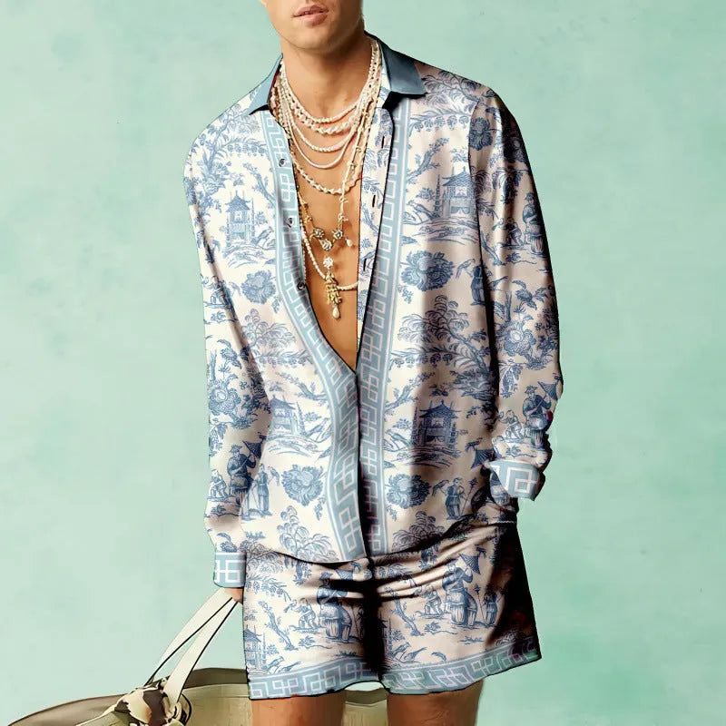 Casual slim-fit polyester shirt and matching shorts set on a model, showing the coordinated summer outfit.
