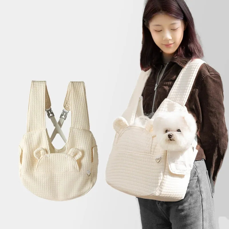 Grey square plaid quilted pet diaper backpack with cross-chest straps for small dogs and cats