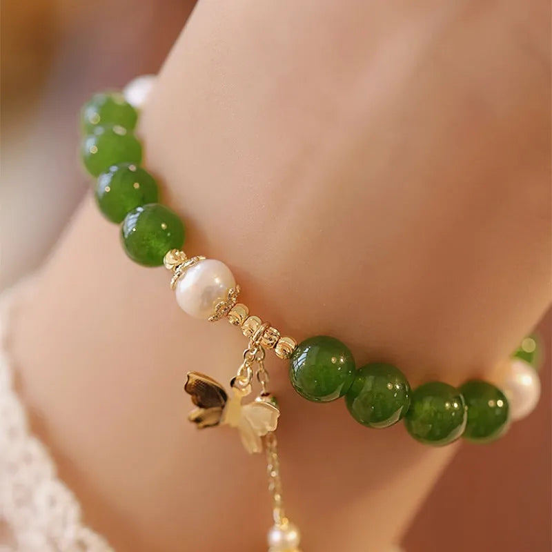 Natural green chalcedony bracelet with geometric design and round elements for women