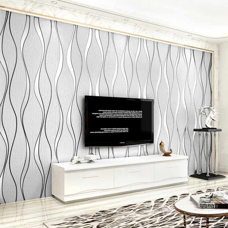 Close-up detail of dark brown 3D curve stripe wallpaper with thick deerskin velvet texture on a non-woven base.
