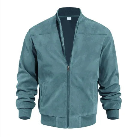 Men's plus size suede jacket with zip closure in Army Green colour with regular sleeves