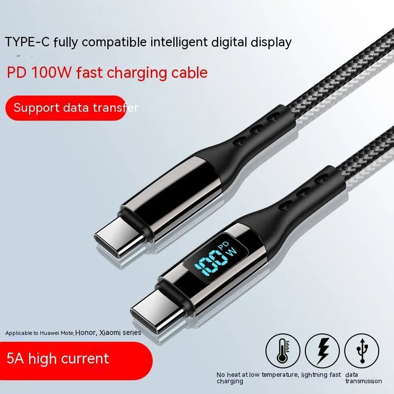 Double-headed TYPE-C PD 100W woven data cable with digital display in black on a plain background