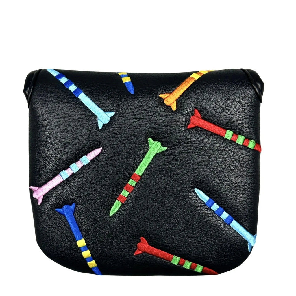 Square black golf putter protective sleeve with a raised white rocket pattern design.