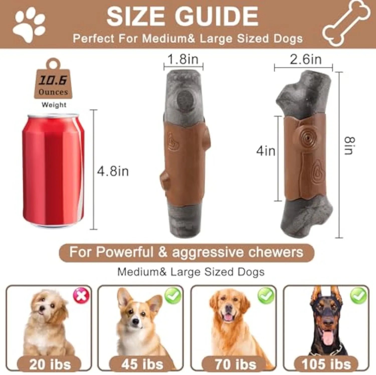 Large branch-shaped nylon dog toy for aggressive chewers with built-in squeaker and bacon flavour.
