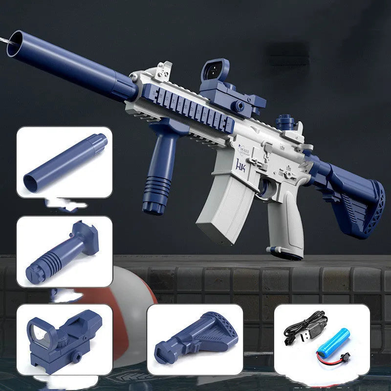 Blue automatic electric water gun toy with USB charging port