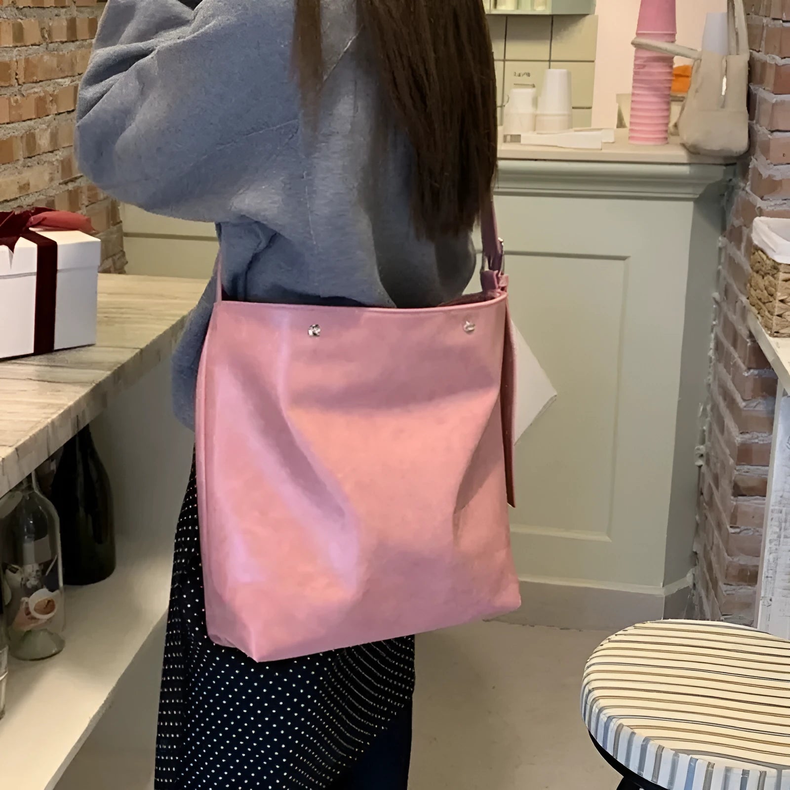 Corduroy one-shoulder commuter bag in pink or brown with PU lining, 39cm length