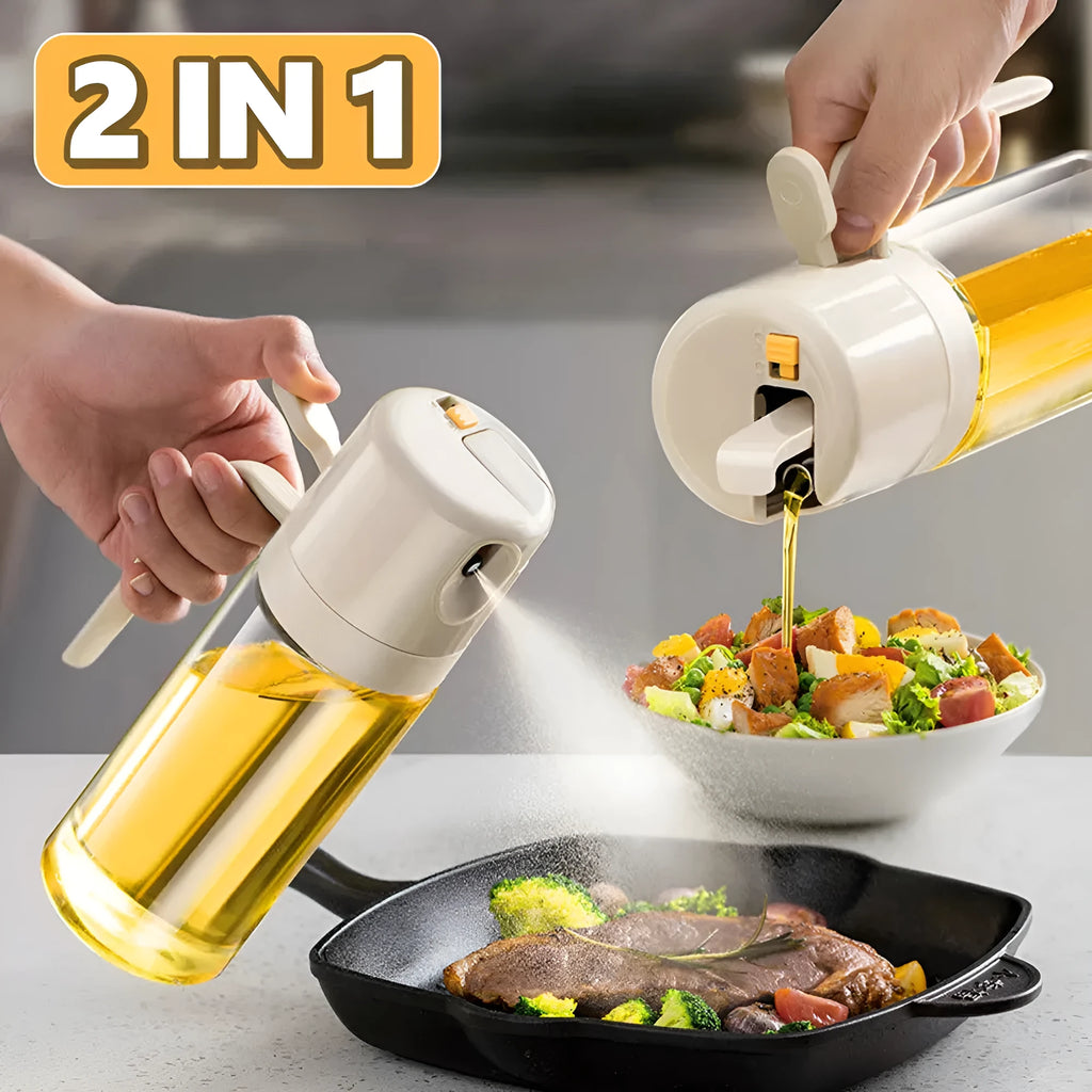Warm grey glass oil sprayer bottle with switchable cover for spray and pour modes