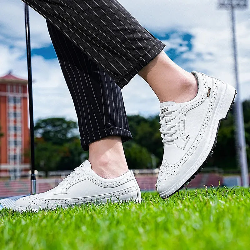 Men's lake blue and white genuine leather golf shoes with non-slip rubber outsoles