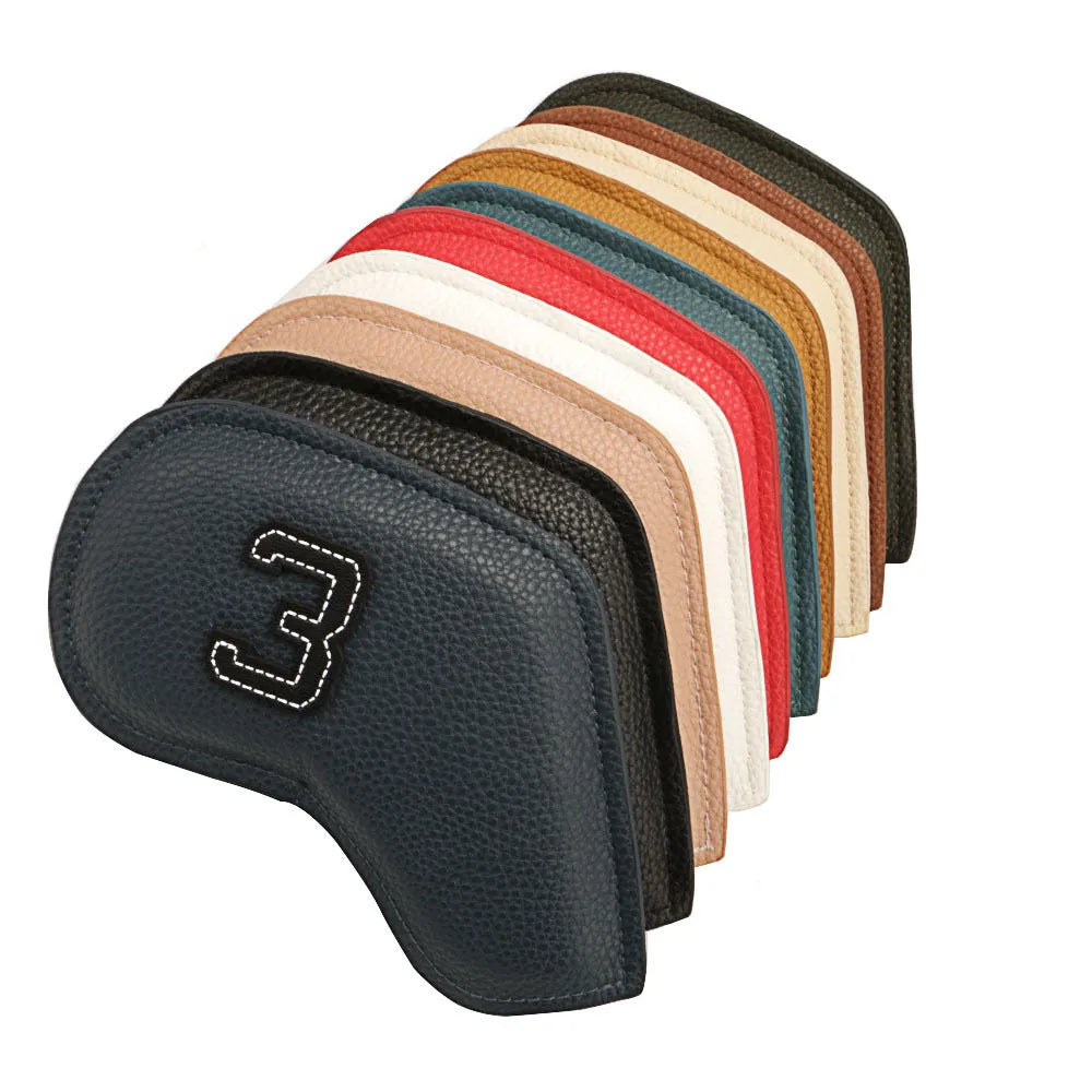 Set of 10 assorted colour PU leather golf club head covers for driver, woods and putter.