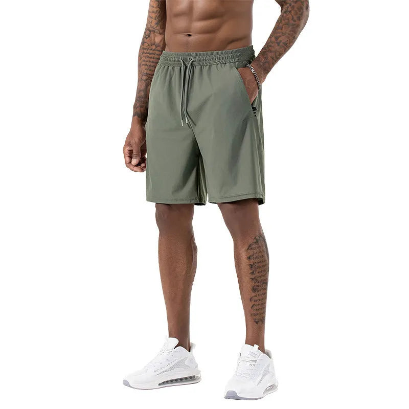 Men's black ice silk quick-drying sports shorts with high waist and cropped length on a plain background.