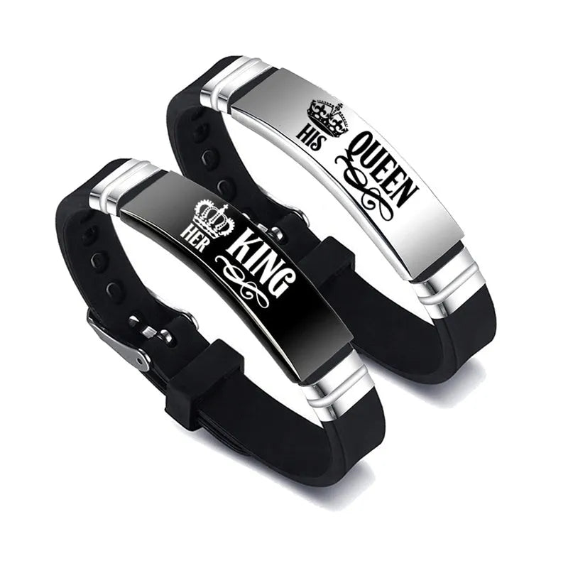 Black and silver his and hers couple bracelet set with stainless steel crown and letter charm on silicone strap