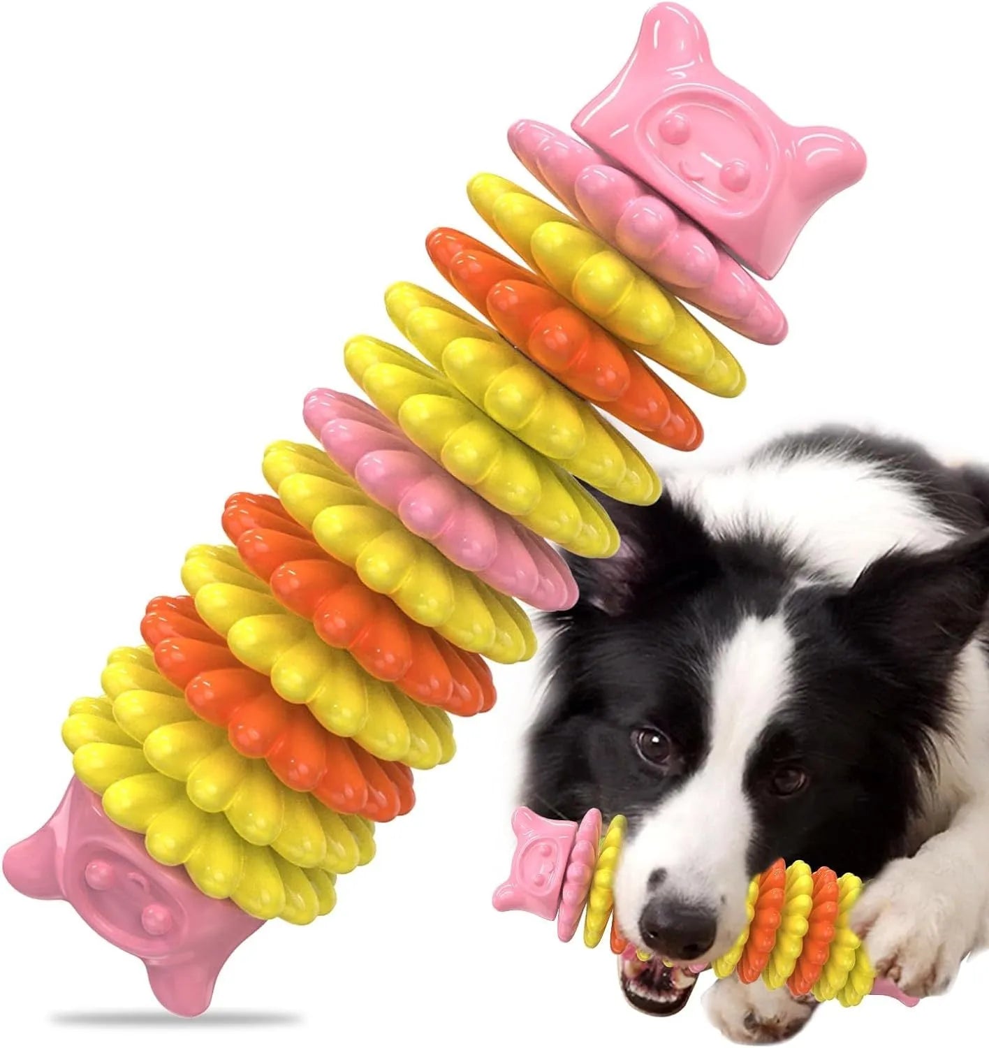 Blue rubber caterpillar-shaped dog chew toy on a white background.