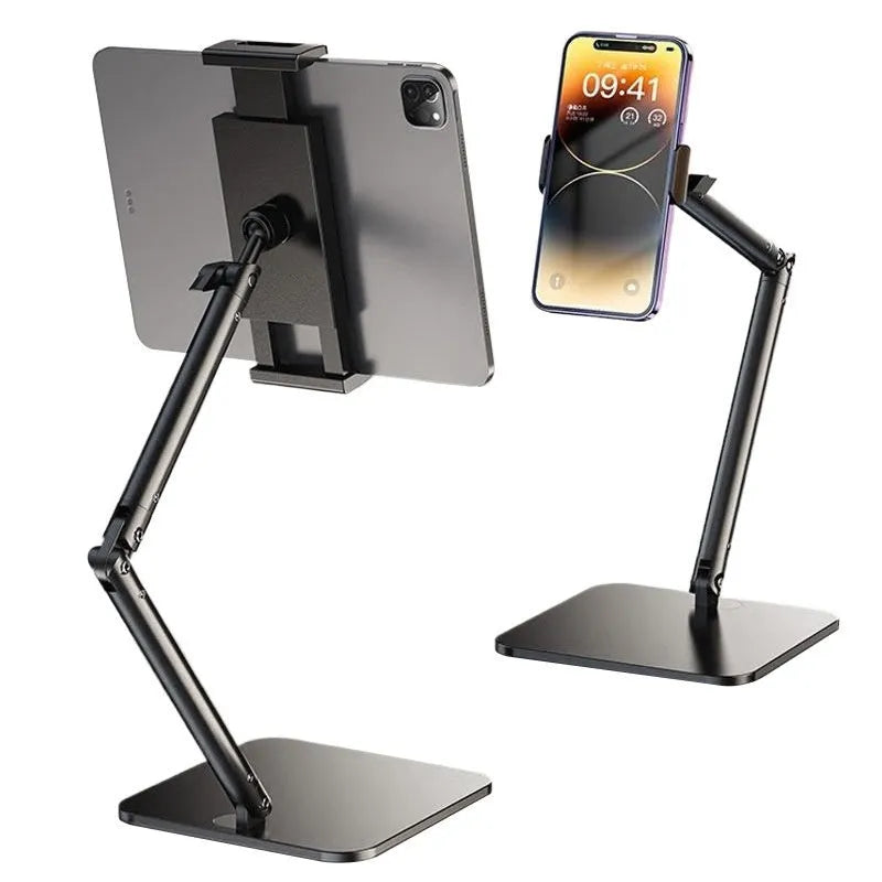 Square double arm alloy desktop bracket holding a mobile phone, with universal adjustment for devices 4-12.9 inches.