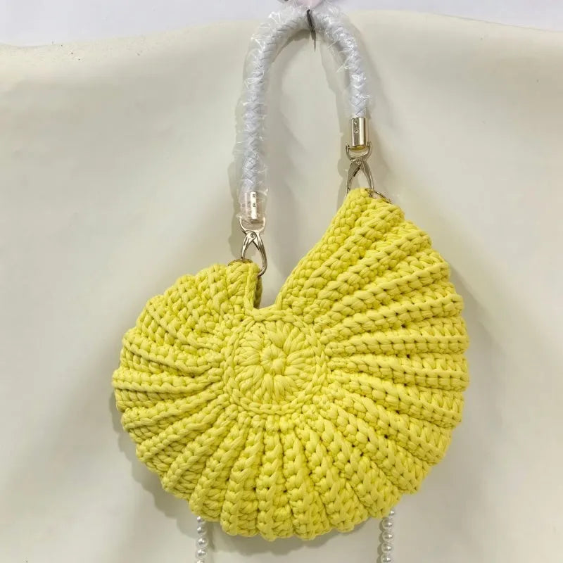 Round handmade woven crossbody bag with pearl chain strap, 25x25cm, polyester, multiple colour options