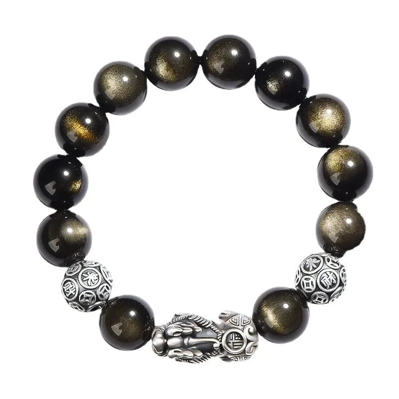 Men's geometric obsidian and sterling silver bracelet showing polished finish and adjustable sizing options