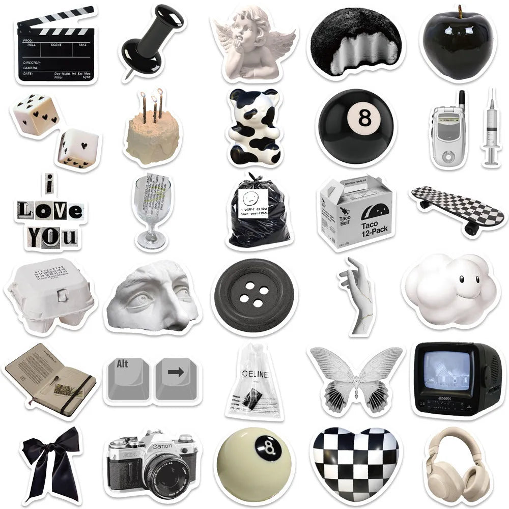 A pack of 61 black and white simple design waterproof PVC stickers for laptops and luggage.
