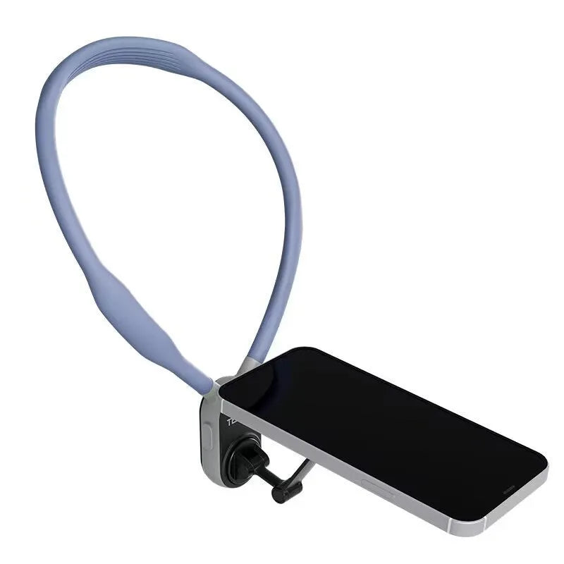 Grey silicone magnetic phone neck mount with aluminium strip and quick release magnetic plate