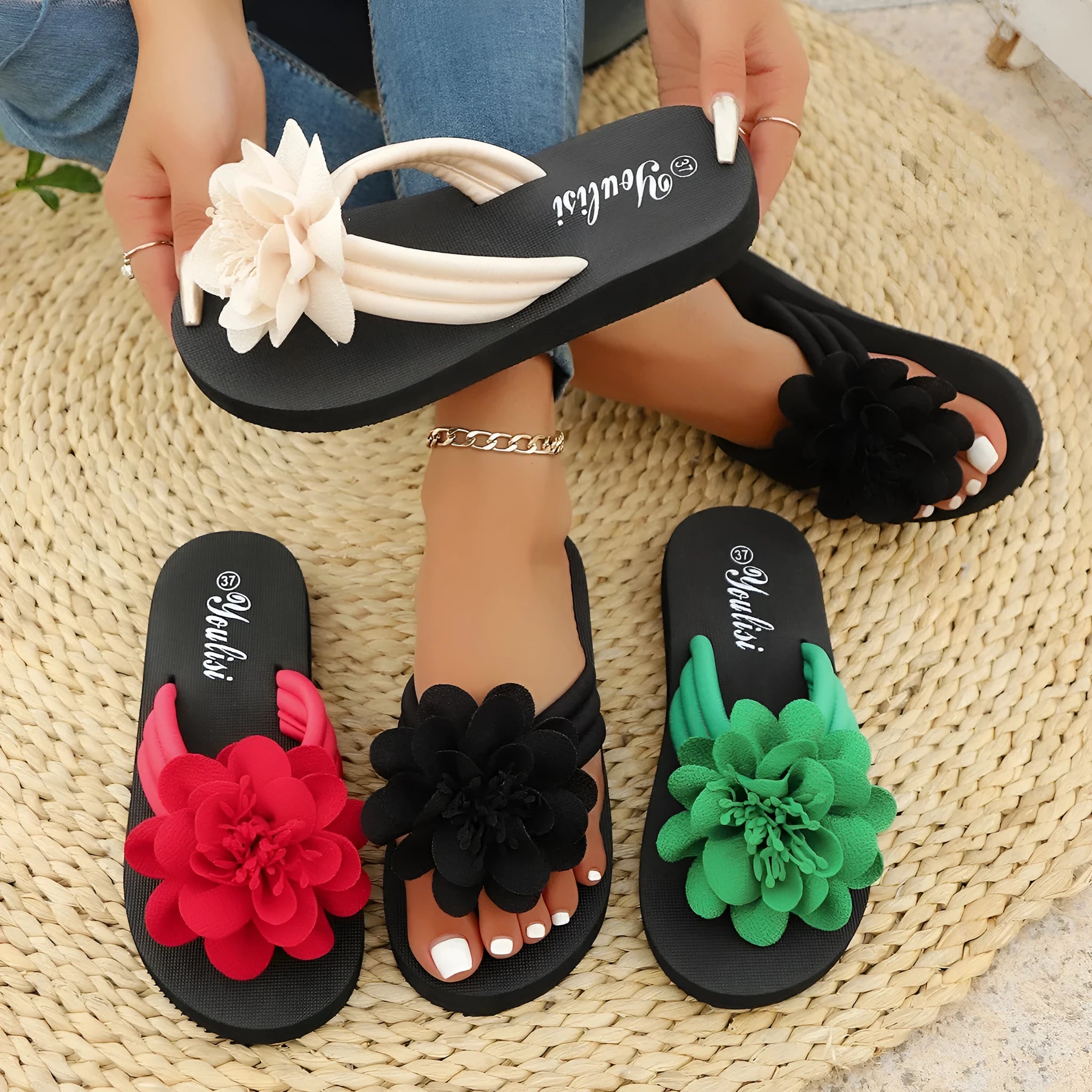 Floral pattern EVA flip-flop beach shoes in beige, red, black and green colour options