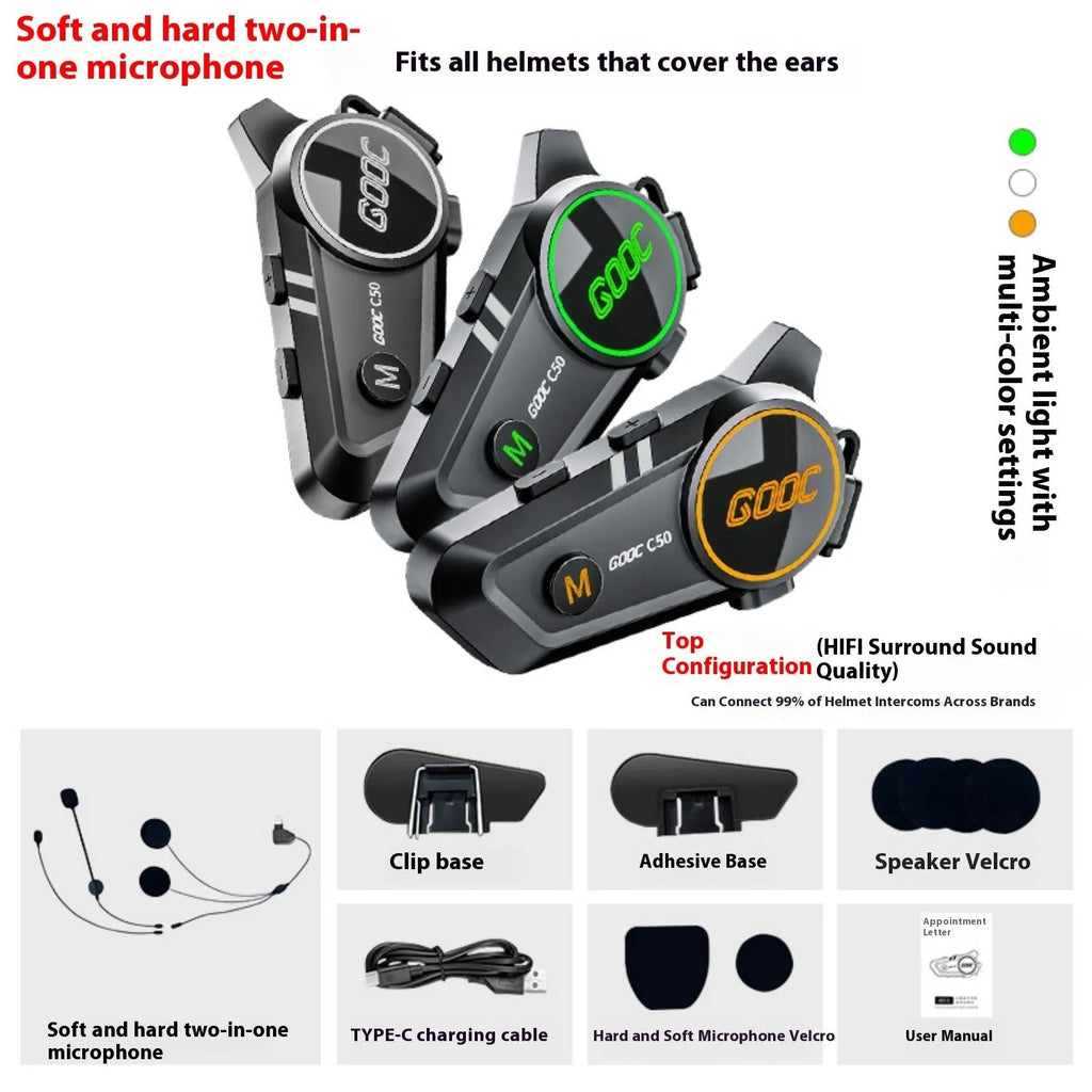 C50 wireless intercom earphone with ABS silicone construction, 1100mA battery, and TYPE-C charging for full and half helmets