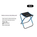 Black folding camp stool with aluminium alloy frame shown in open and folded positions.