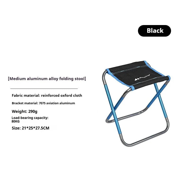 Black folding camp stool with aluminium alloy frame shown in open and folded positions.