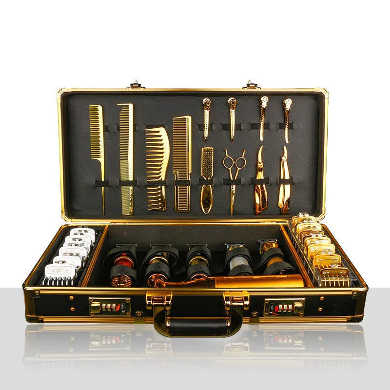 Black PVC suitcase with combination lock for storing hair styling tools, shown with dimensions 55cm by 27cm.