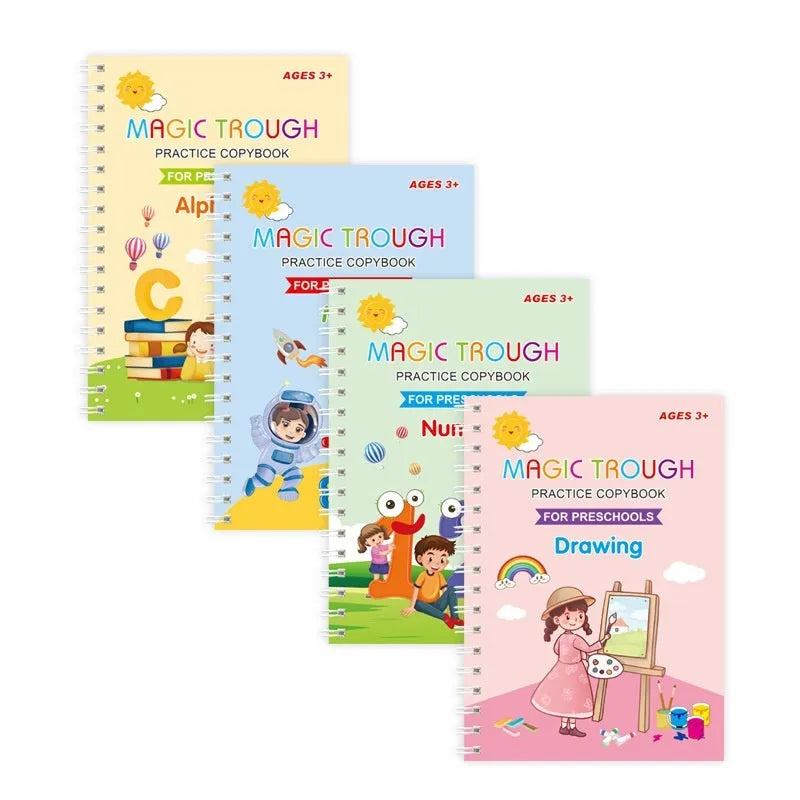 Children's calligraphy practice book set with grooves and refill pens on white cardboard